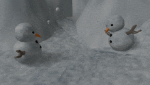 two snowmen are standing in the snow and one has a stick in its mouth