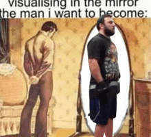 a cartoon of a man looking at himself in the mirror