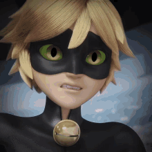 a close up of a cartoon character wearing a black mask with green eyes