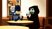 two cartoon characters drinking coffee in a diner