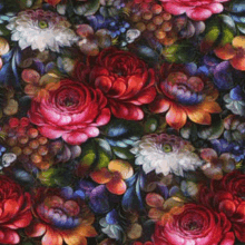 a close up of a painting of flowers on a dark background