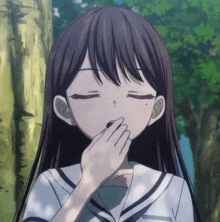 a girl covering her mouth with her hand in a cartoon