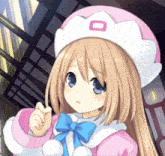 a girl with long blonde hair and blue eyes wearing a pink and white outfit