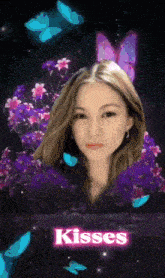 a woman is surrounded by purple flowers and butterflies and the word kisses is on the bottom right