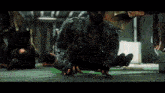 a man in a hawaiian shirt is crawling on the floor in a room with other people .