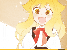 a drawing of a girl with yellow hair and a red bow on her neck