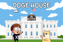 a cartoon of a boy and a doge in front of a white house that says the doge house