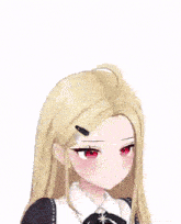 a girl with blonde hair and red eyes is wearing a black and white dress