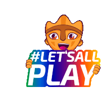 a cartoon character is holding a sign that says #let 's all play