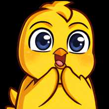 a cartoon drawing of a yellow bird with blue eyes