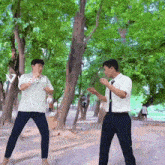two young men are fighting in a park with the words viggle.ai visible