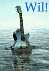 a guitar is floating in the water with the word wil on the top
