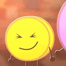 a yellow coin with a smiley face and arms and legs is standing next to a pink object .