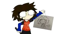 a cartoon character is holding a piece of paper with a drawing of a girl on it that says ' a '
