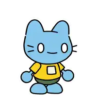 a drawing of a blue cat wearing a yellow shirt and pants