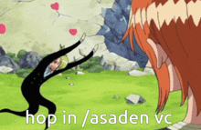 a cartoon character jumping in the air with the words hop in / asaden vc