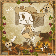 a cartoon drawing of a girl with a hat and a cactus surrounded by dinosaurs and roses