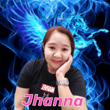 a woman wearing a black shirt with the word jhanna on it