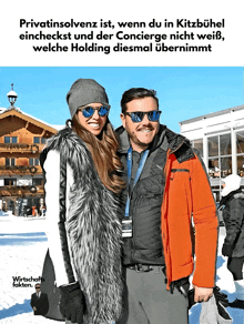 a man and a woman are posing for a picture in the snow with the caption privat insolvenz ist