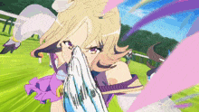 a girl in a purple and white dress is holding her hand to her face