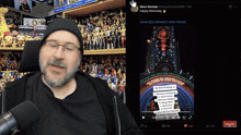 a man talking into a microphone next to a twitter post
