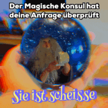 a person is holding a snow globe with a wizard inside of it and the words der magische konsul hat deine anfrage überprüft