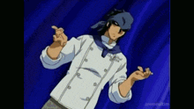 a man in a chef 's uniform is standing in front of a blue curtain and making a funny face .