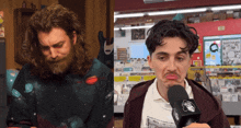 a man with a beard is talking into a microphone while wearing a sweater with planets on it