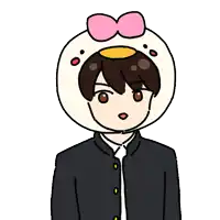 a cartoon of a boy wearing a hat with a pink bow