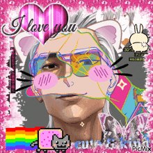 a picture of a man with cat ears and a heart that says " i love you " on it