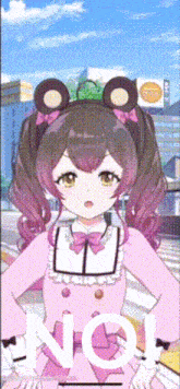 a girl in a pink dress says no on a screen