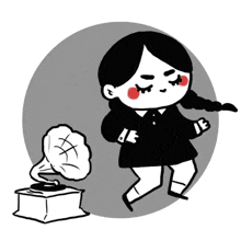 a black and white drawing of a girl dancing next to a gramophone