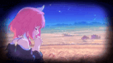 a girl with pink hair and horns praying in a field