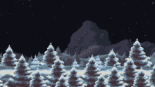 a snowy forest with a mountain in the background at night
