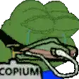 a pixel art of a frog with a hook in its mouth and a sign that says copium .