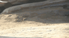 a blurred image of a sandy beach with a rock in the background