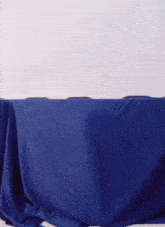 a person is crawling under a blue cloth on the floor .