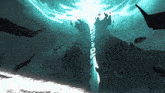 a painting of a light coming out of a hole in a mountain