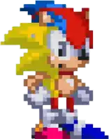 a pixel art of sonic the hedgehog holding another sonic the hedgehog .