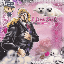 a picture of a man and seals that says i love seals on it