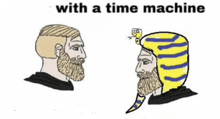 two men with beards are standing next to each other with the words with a time machine written above them .