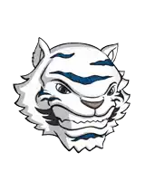 a cartoon drawing of a white tiger with blue stripes on its face