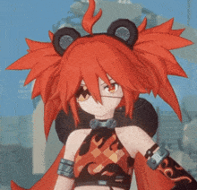 a girl with red hair and bear ears is wearing a crop top