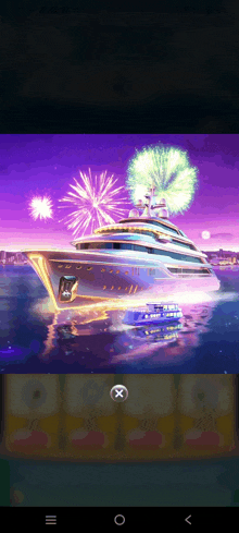 a boat with fireworks in the background and an x on the bottom right