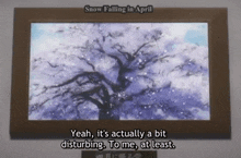 a picture of a tree with snow falling in april on it