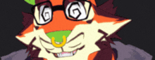 a cartoon drawing of a cat with glasses and a nose ring