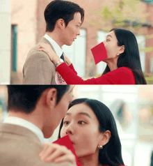 a man and a woman are kissing and the woman is holding a red envelope