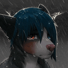 a drawing of a wolf with blue hair and red eyes