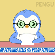 a cartoon of a penguin holding a piece of paper with the words " pudgy penguins news " below it