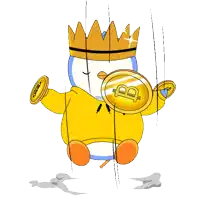 a penguin is wearing a crown and holding a coin that says ' btc ' on it